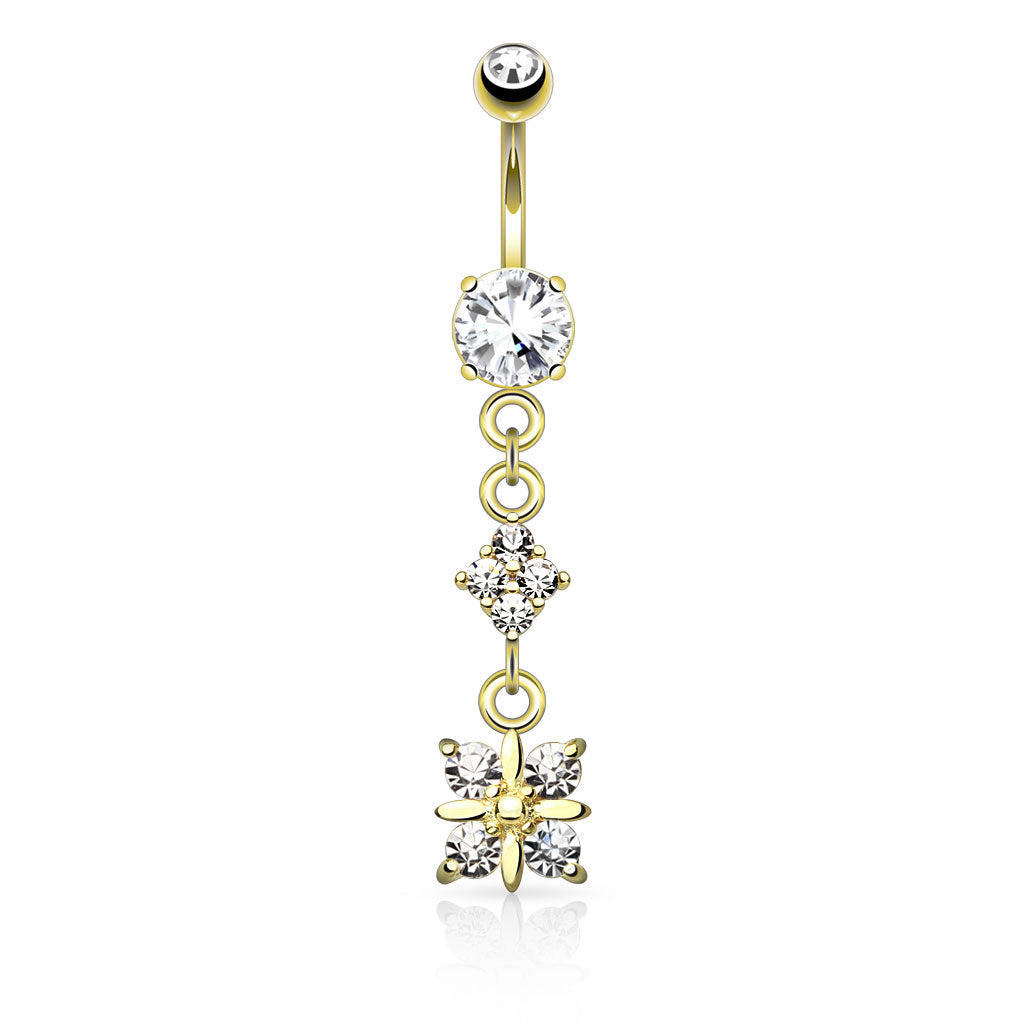 316L Surgical Steel Paved Diamond With 4 Quadrant CZ Drop Dangle Belly Button Ring - Gold/Clear