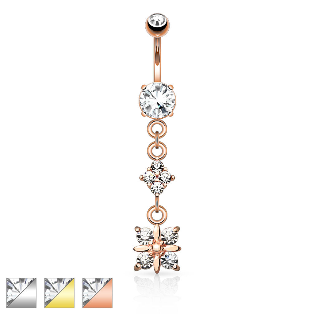 316L Surgical Steel Paved Diamond With 4 Quadrant CZ Drop Dangle Belly Button Ring - all colors