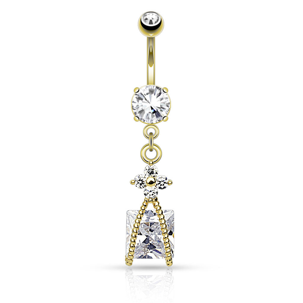 316L Surgical Steel Roped Square Cz And Small Cz Flower Dangle Belly Button Ring - Gold/Clear