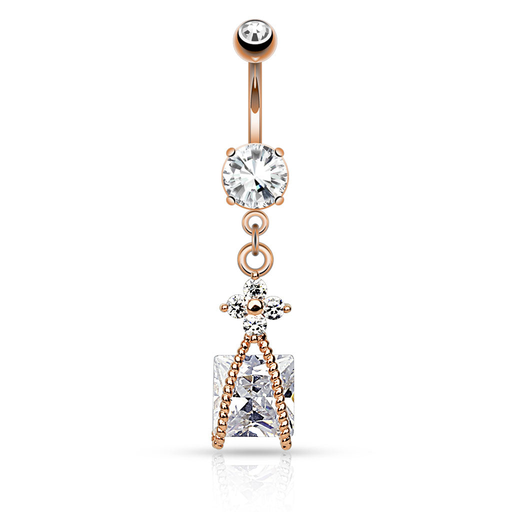 316L Surgical Steel Roped Square Cz And Small Cz Flower Dangle Belly Button Ring - Rose Gold/Clear