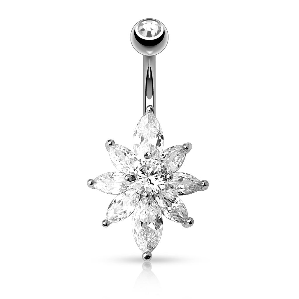 316L Surgical Steel Marquise CZ Petal Flower Belly Button Ring - Clear