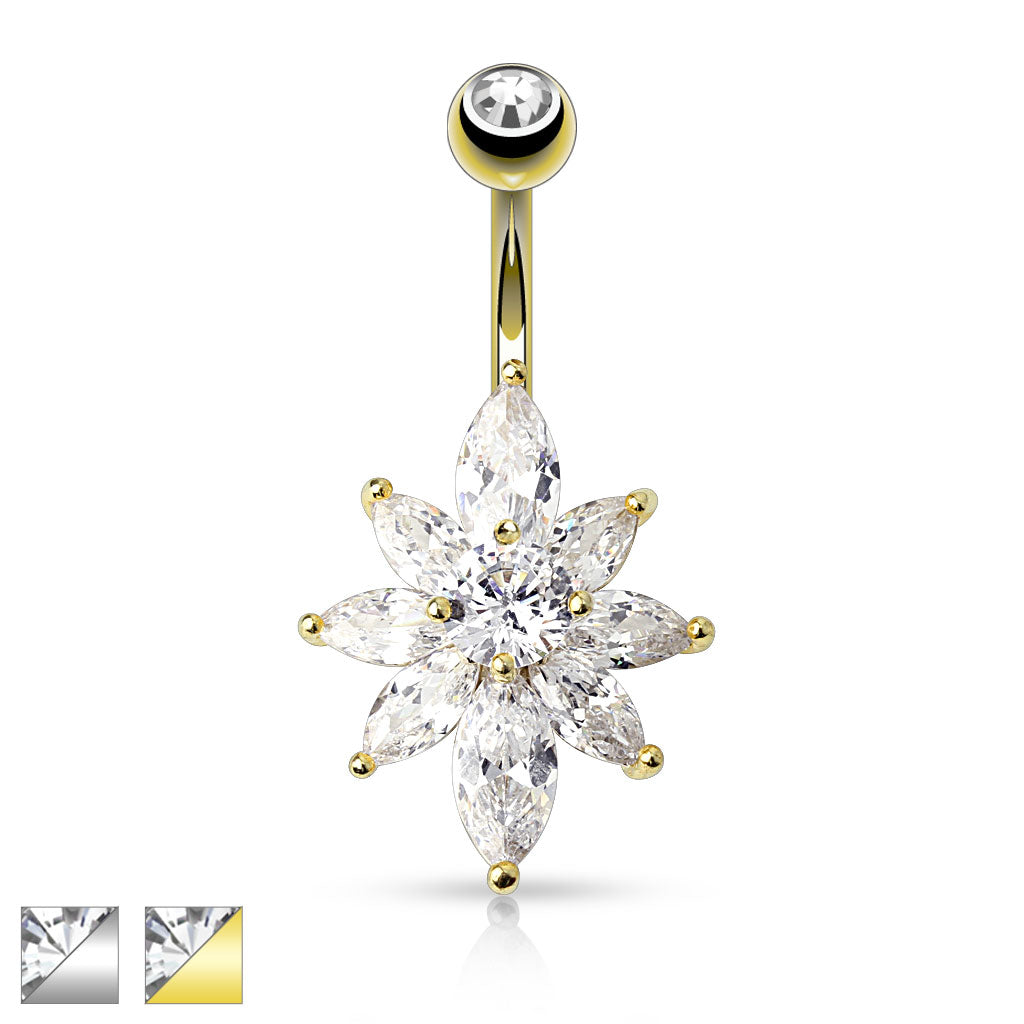 316L Surgical Steel Marquise CZ Petal Flower Belly Button Ring - all colors