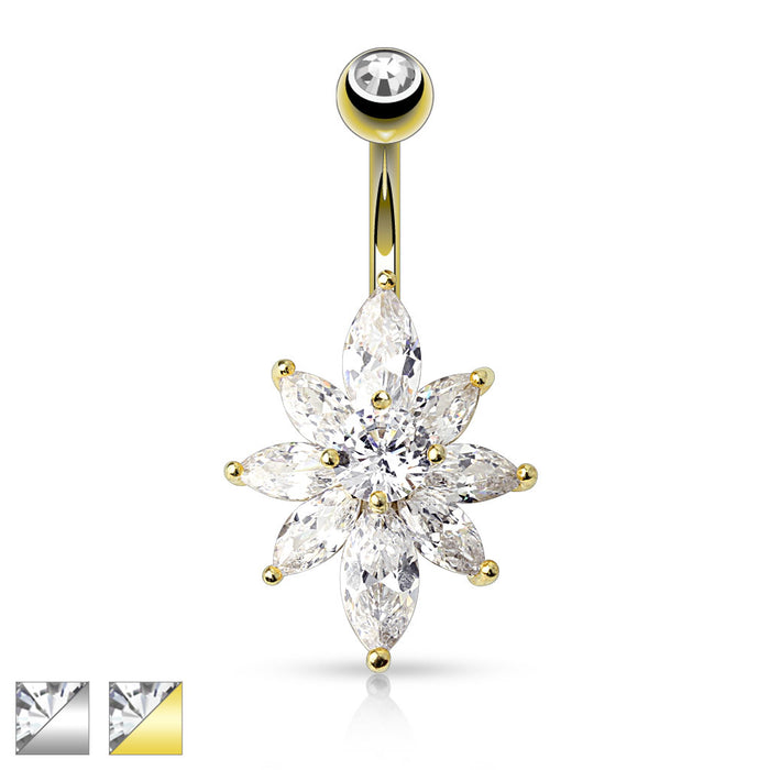316L Surgical Steel Marquise CZ Petal Flower Belly Button Ring
