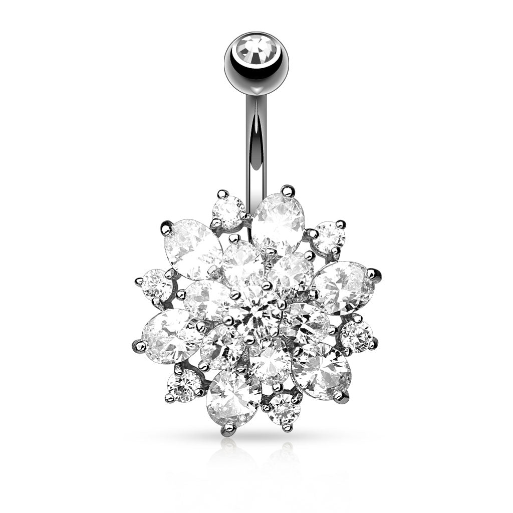 316L Surgical Steel CZ Clustered Dahlia Belly Button Ring - Clear