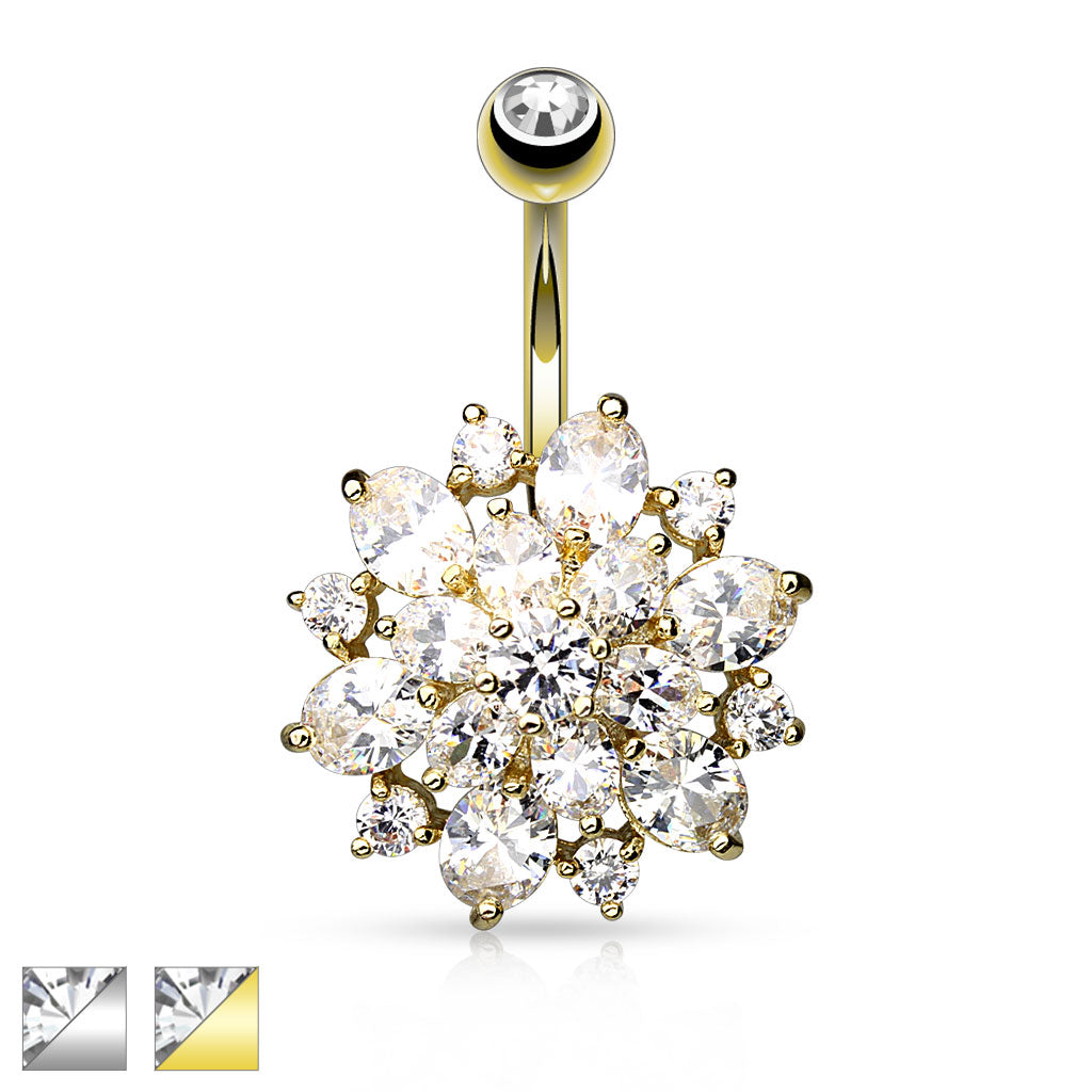 316L Surgical Steel CZ Clustered Dahlia Belly Button Ring - all colors