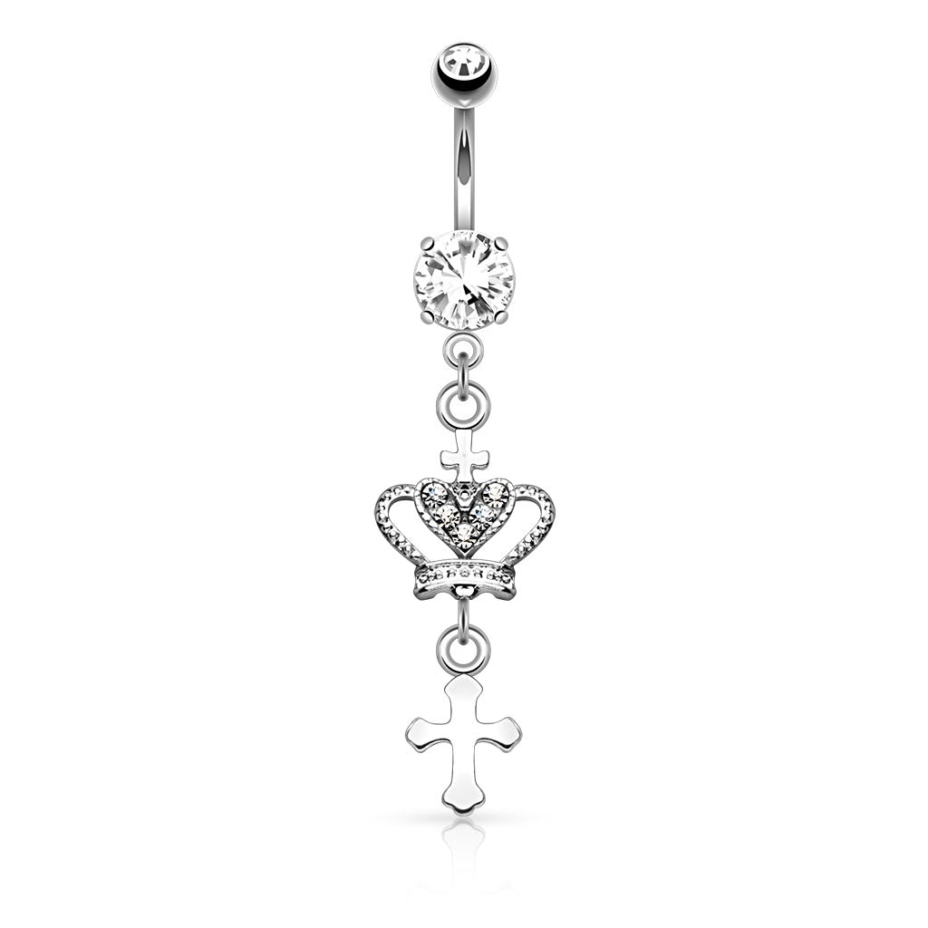 316L Surgical Steel Heart CZ Crown With Cross Dangle Belly Button Ring - Clear