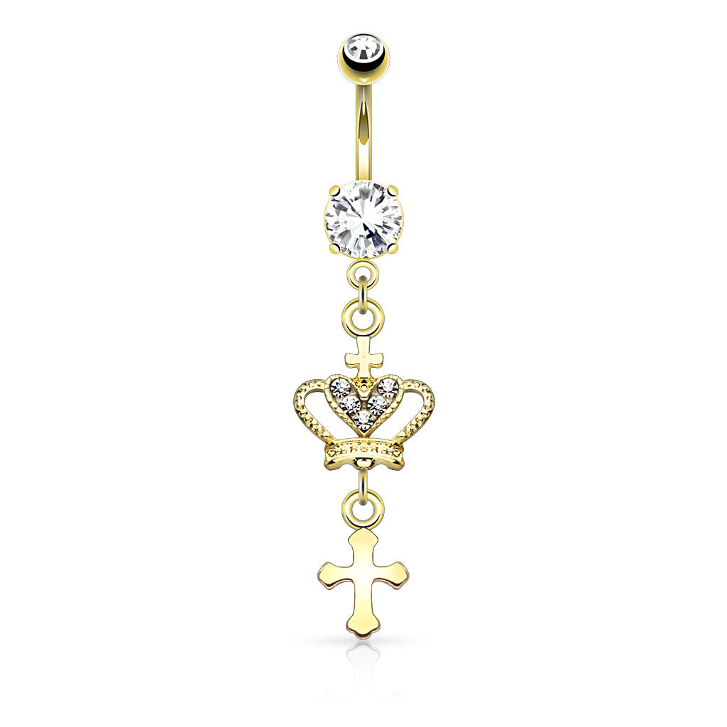 316L Surgical Steel Heart CZ Crown With Cross Dangle Belly Button Ring - Gold/Clear