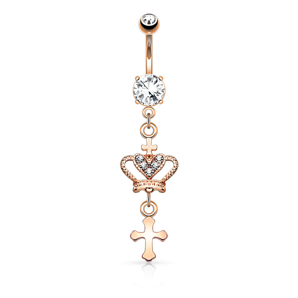 316L Surgical Steel Heart CZ Crown With Cross Dangle Belly Button Ring - Rose Gold/Clear
