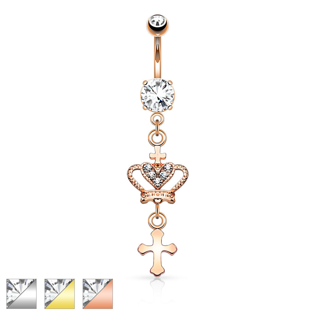 316L Surgical Steel Heart CZ Crown With Cross Dangle Belly Button Ring - all colors