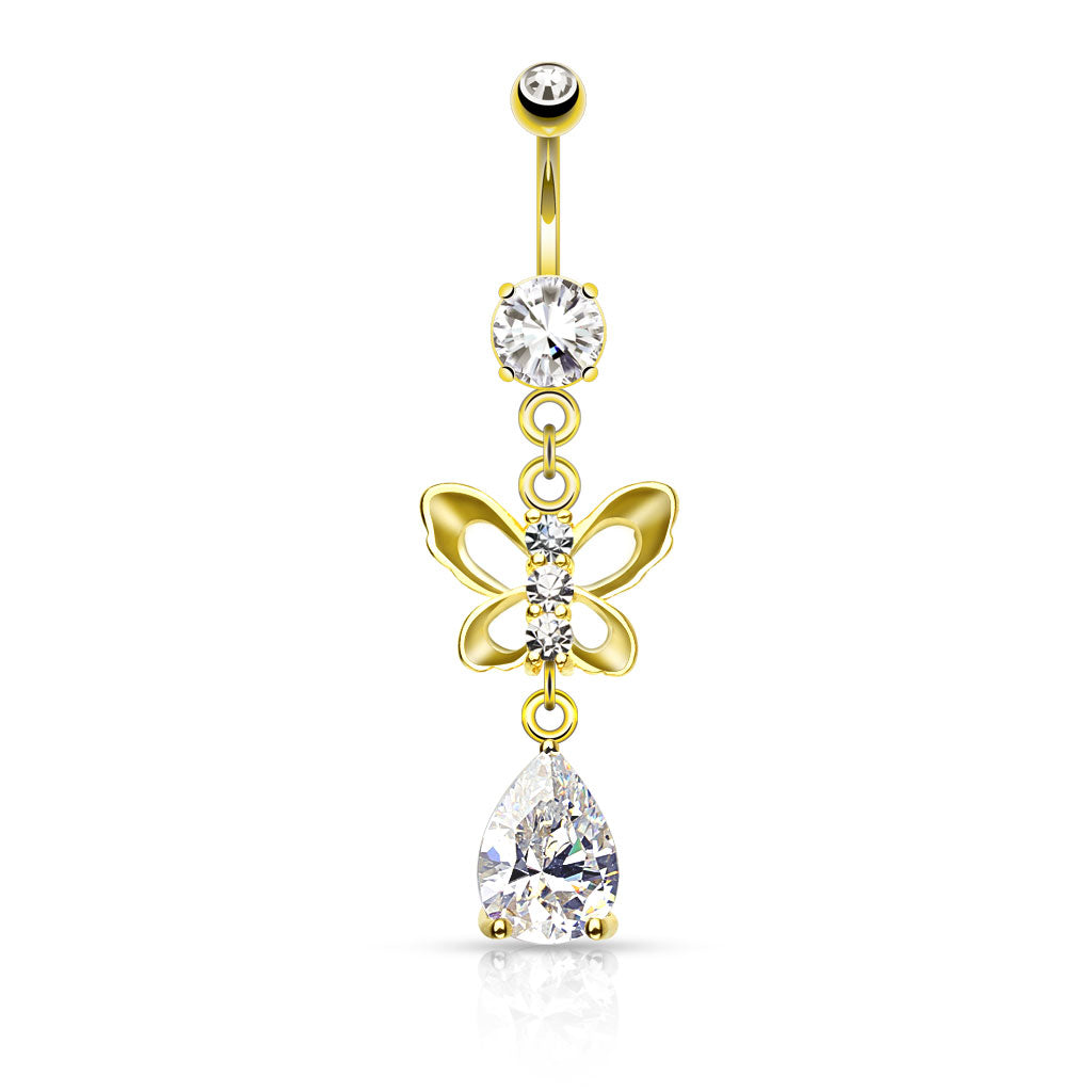 316L Surgical Steel Clear Cz Paved Butterfly And Tear Drop Cut Cz Belly Button Ring - Gold/Clear
