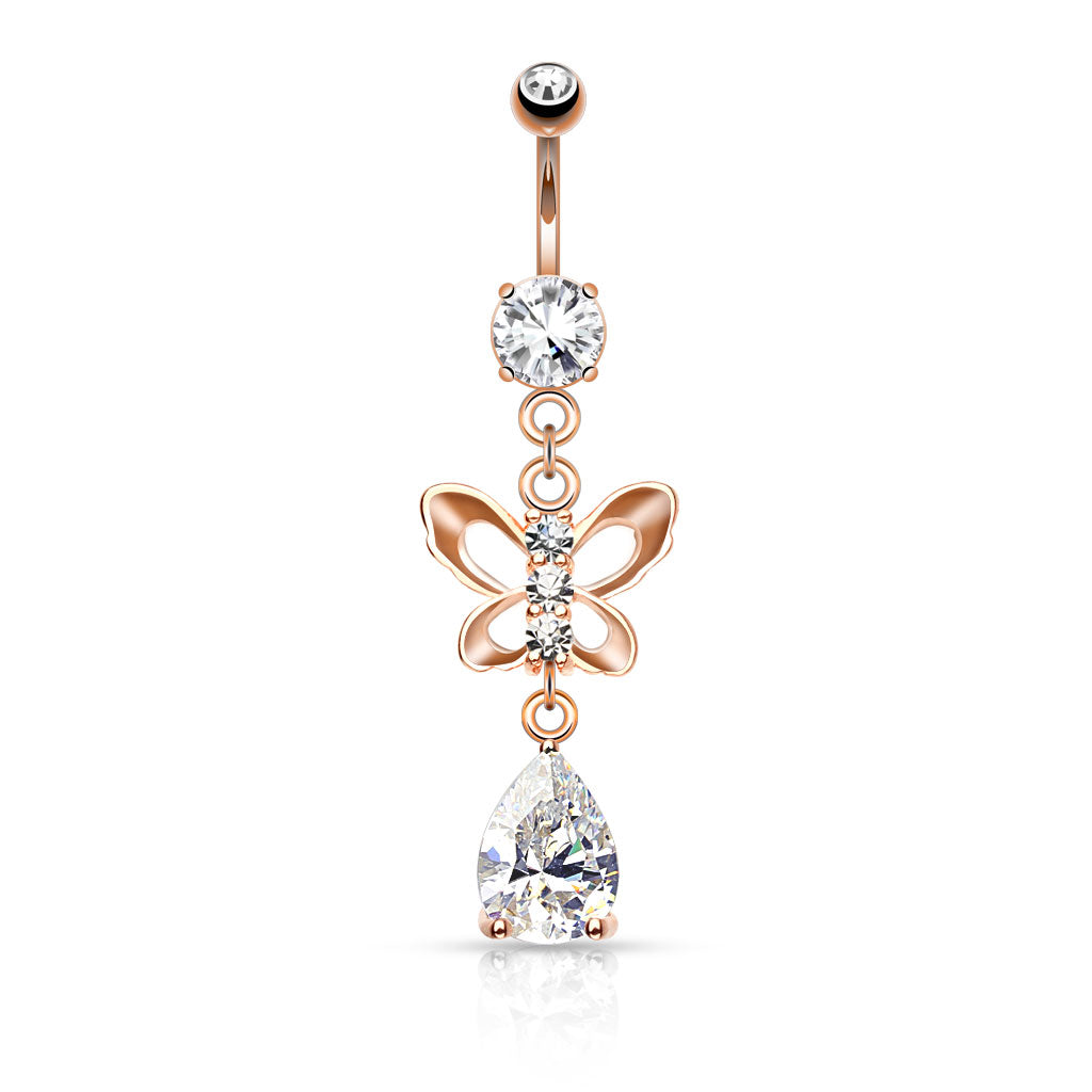316L Surgical Steel Clear Cz Paved Butterfly And Tear Drop Cut Cz Belly Button Ring - Rose Gold/Clear