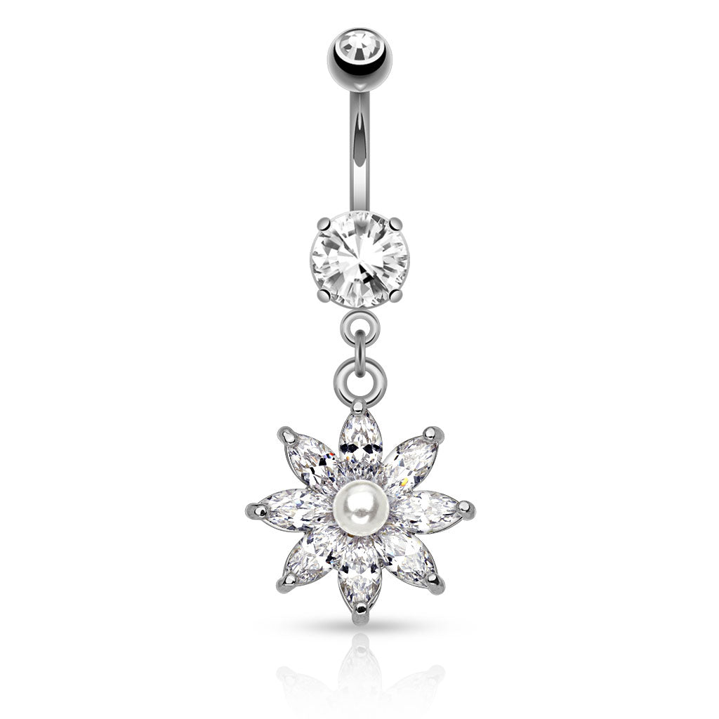 316L Surgical Steel Pearl With Marquise CZ Flower Petals Dangle Belly Button Ring - Clear