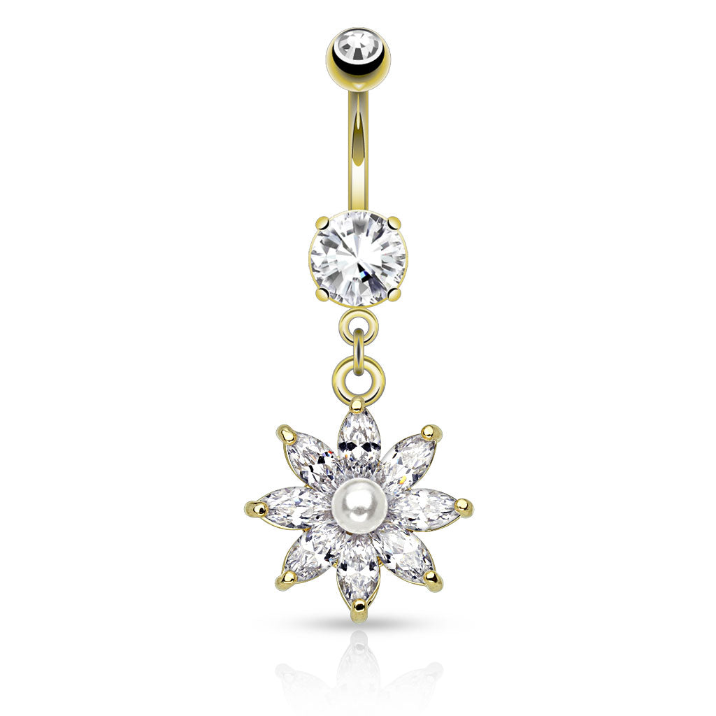 316L Surgical Steel Pearl With Marquise CZ Flower Petals Dangle Belly Button Ring - Gold/Clear