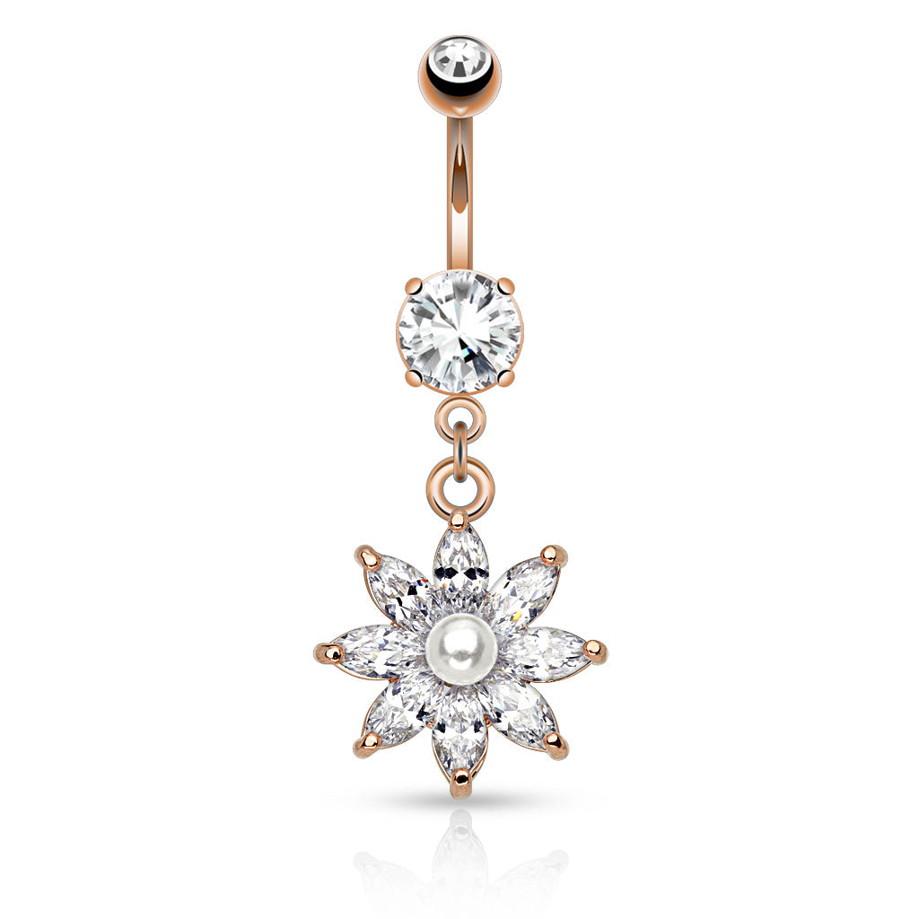 316L Surgical Steel Pearl With Marquise CZ Flower Petals Dangle Belly Button Ring - Rose Gold/Clear