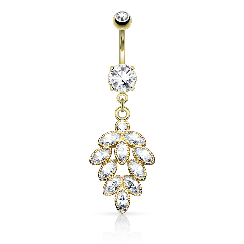 316L Surgical Steel Cluster CZ Grape Dangle Belly Button Ring - Gold/Clear
