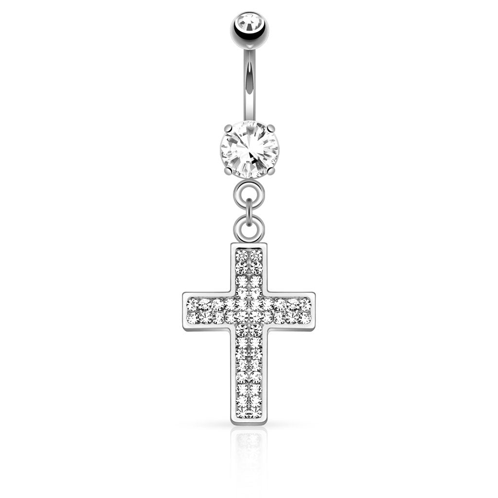 316L Surgical Steel Gem Paved Cross Dangle Belly Button Ring - Clear
