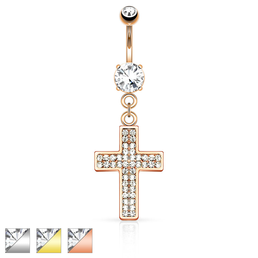 316L Surgical Steel Gem Paved Cross Dangle Belly Button Ring - all colors