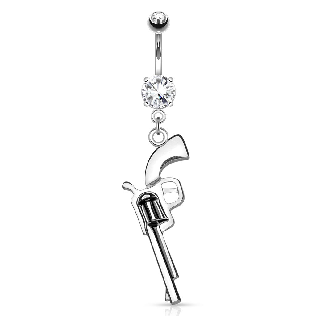 316L Surgical Steel Gun Dangle CZ Prong Set Belly Button Ring - Clear