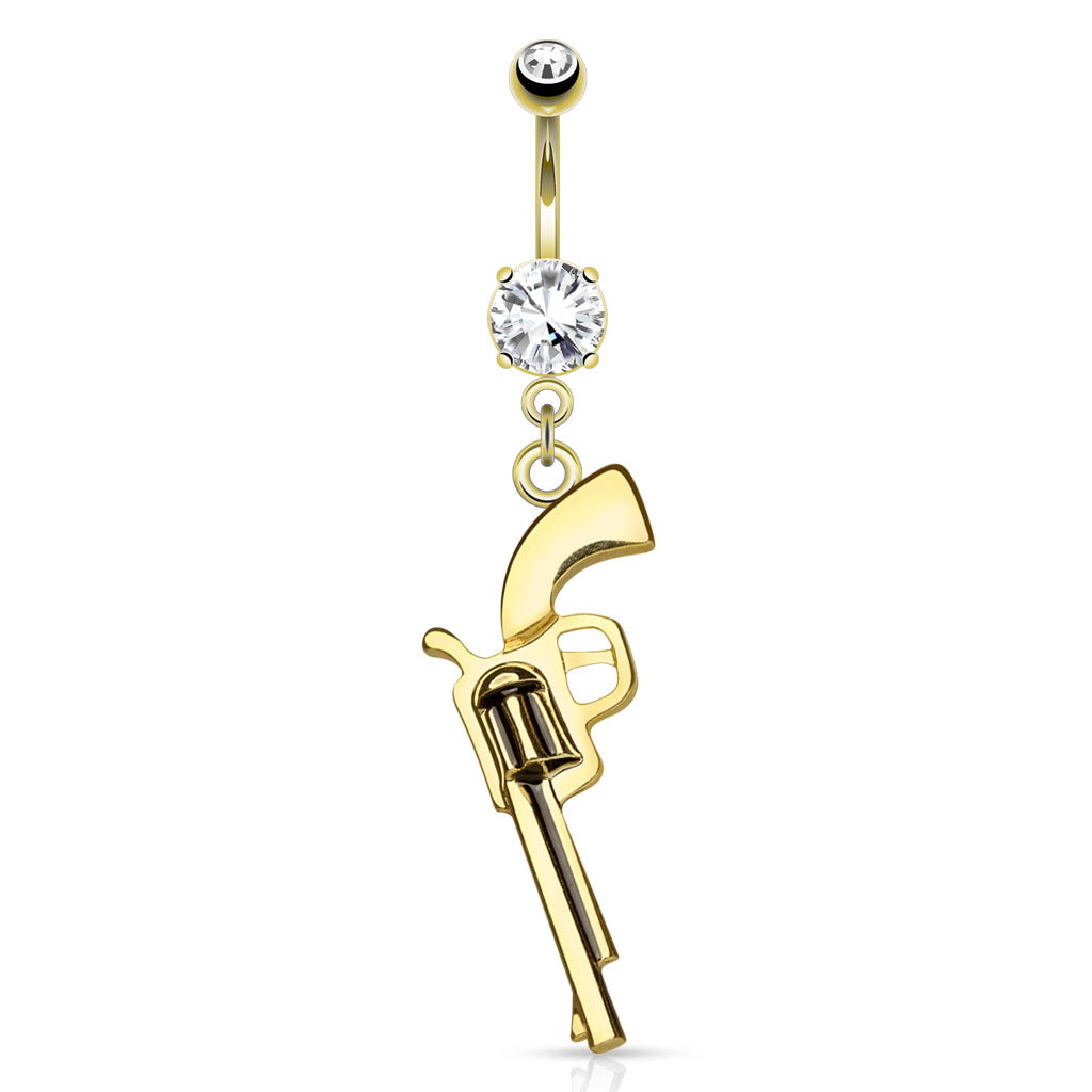 316L Surgical Steel Gun Dangle CZ Prong Set Belly Button Ring - Gold/Clear