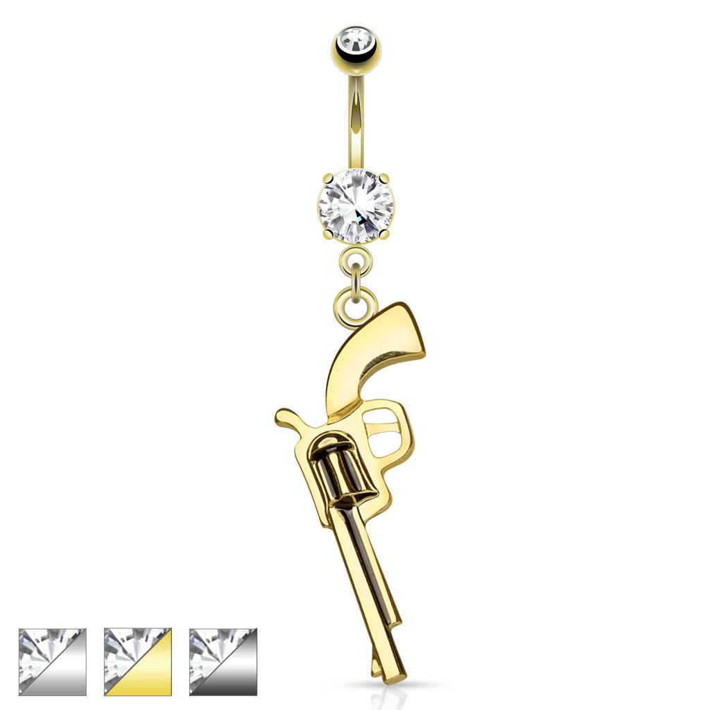 316L Surgical Steel Gun Dangle CZ Prong Set Belly Button Ring - all colors
