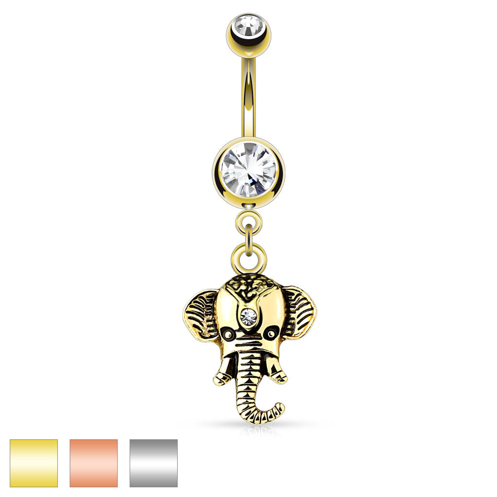 316L Surgical Steel Elephant Dangle Double Jeweled Belly Button Ring - all colors