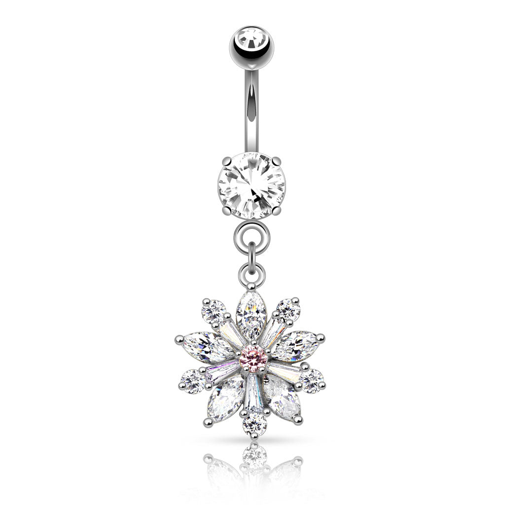 316L Surgical Steel Flower W/ Prong Set CZ Shard Petals Dangle Navel Ring Belly Button Ring - Clear/Pink