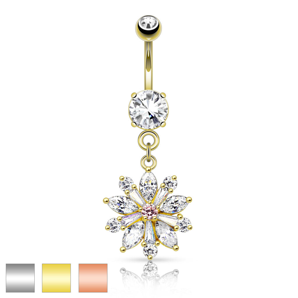316L Surgical Steel Flower W/ Prong Set CZ Shard Petals Dangle Navel Ring Belly Button Ring - all colors