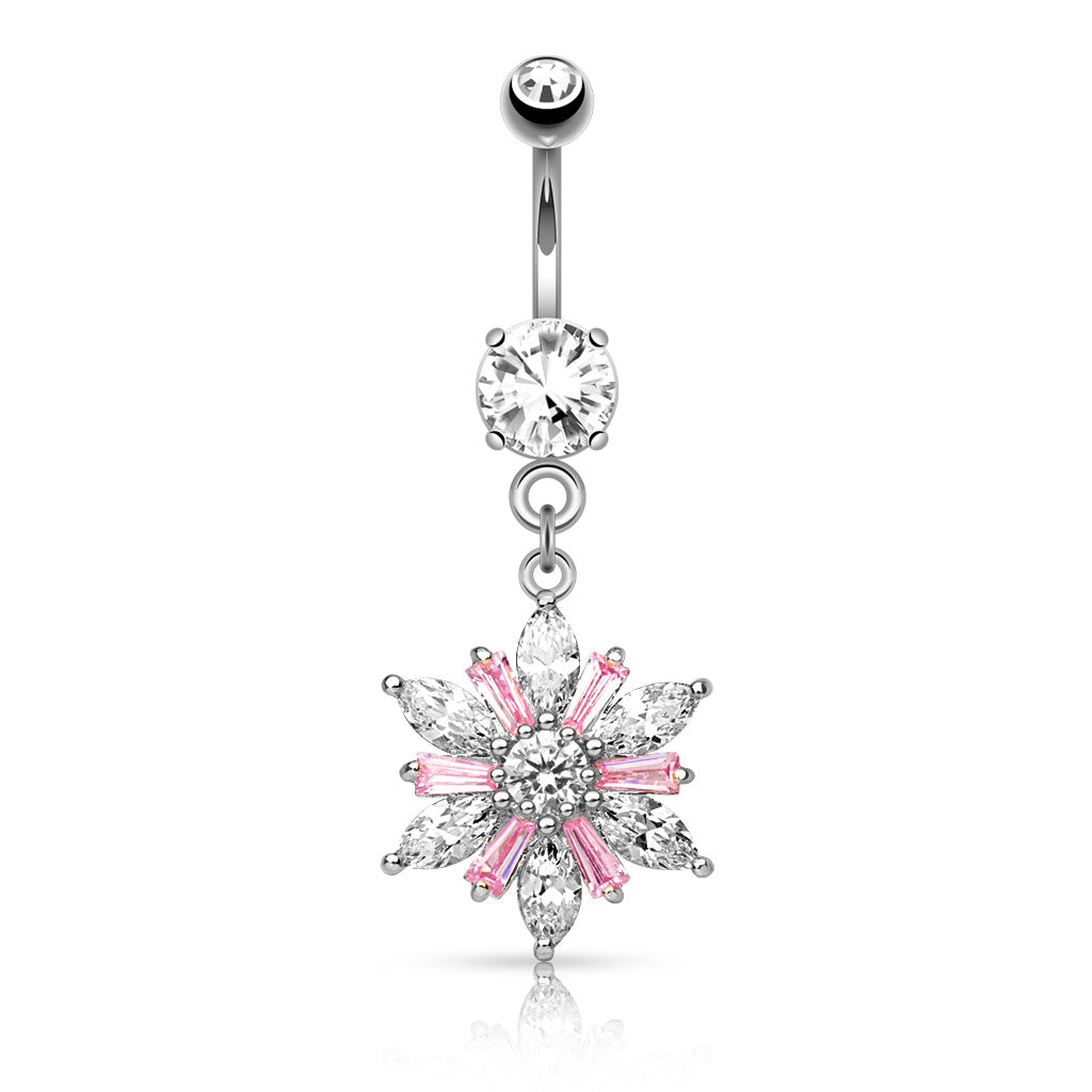 316L Surgical Steel Marquise Cut CZ Petals With Princess Cut Pink CZ Center Flower Dangle Belly Button Ring - Clear/Pink
