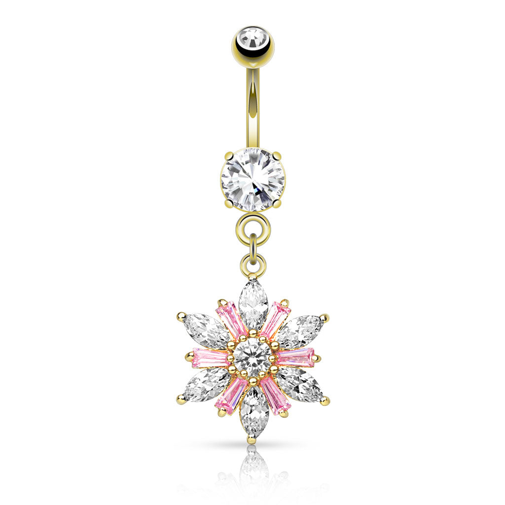 316L Surgical Steel Marquise Cut CZ Petals With Princess Cut Pink CZ Center Flower Dangle Belly Button Ring - Gold Plated/Clear/Pink