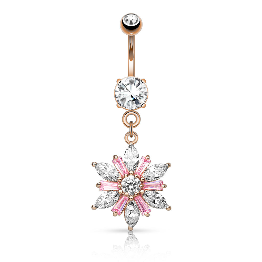 316L Surgical Steel Marquise Cut CZ Petals With Princess Cut Pink CZ Center Flower Dangle Belly Button Ring - Rose Gold/Clear/Pink