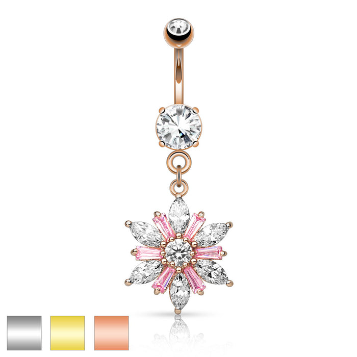 316L Surgical Steel Marquise CZ Petal Flower With Pink CZ Center Dangle Belly Ring