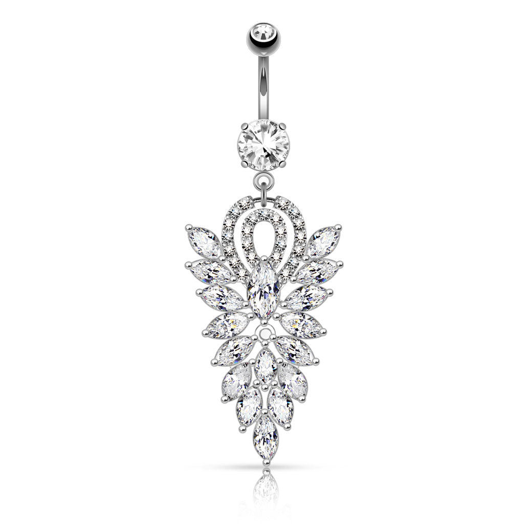 316L Surgical Steel Fancy Chandelier CZ Cluster Dangle Belly Button Ring - Clear
