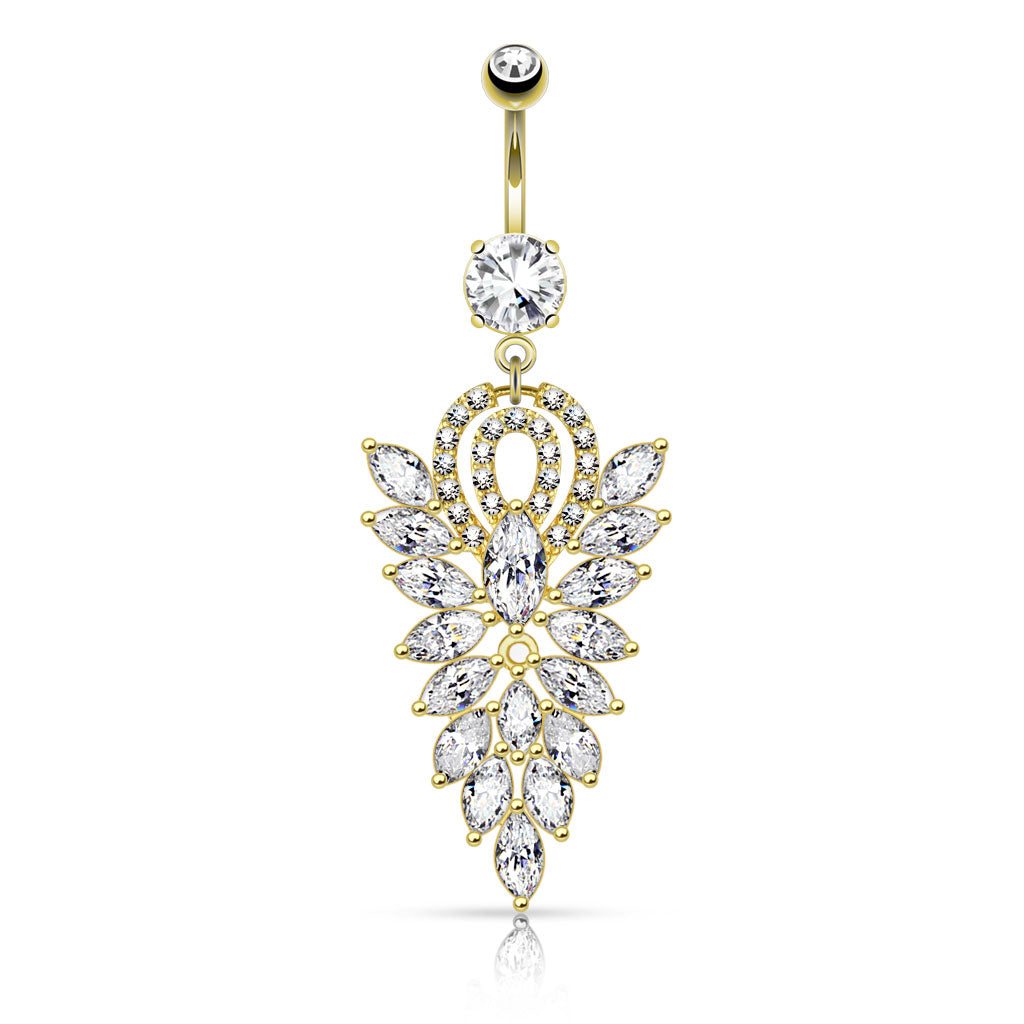 316L Surgical Steel Fancy Chandelier CZ Cluster Dangle Belly Button Ring - Gold/Clear