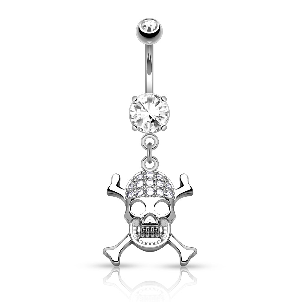 316L Surgical Steel CZ Paved Skull With Cross Bones Dangle Belly Button Ring - all colors