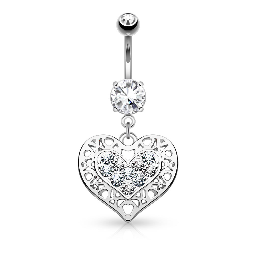 316L Surgical Steel Tribal Heart Filigree Edged Crystal Paved Heart Dangle Belly Button Ring - Clear