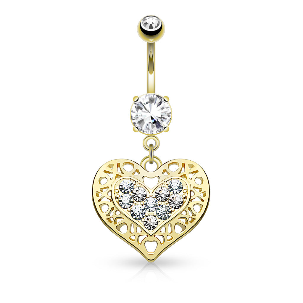 316L Surgical Steel Tribal Heart Filigree Edged Crystal Paved Heart Dangle Belly Button Ring - Gold/Clear
