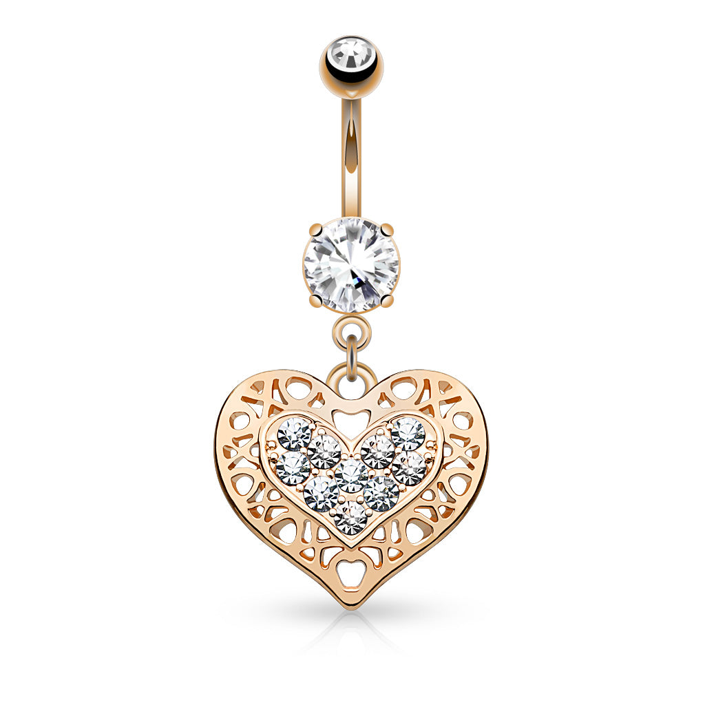 316L Surgical Steel Tribal Heart Filigree Edged Crystal Paved Heart Dangle Belly Button Ring - Rose Gold/Clear