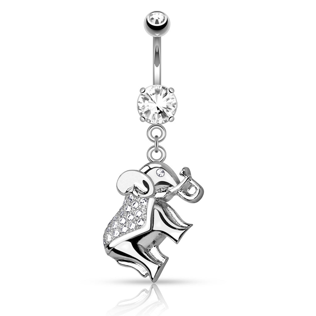 316L Surgical Steel CZ Paved Elephant Dangle Belly Button Ring - Clear