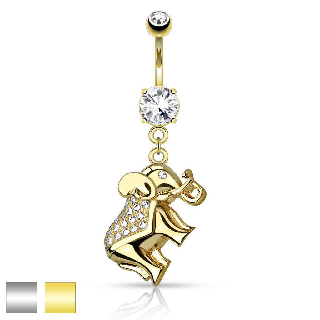 316L Surgical Steel CZ Paved Elephant Dangle Belly Button Ring - all colors
