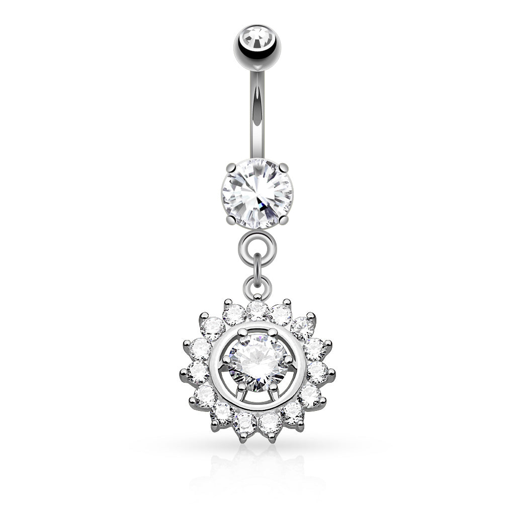 316L Surgical Steel Claw Set CZ Around CZ Center Dangle Belly Button Ring - Clear