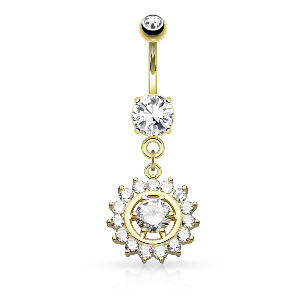 316L Surgical Steel Claw Set CZ Around CZ Center Dangle Belly Button Ring - Gold/Clear