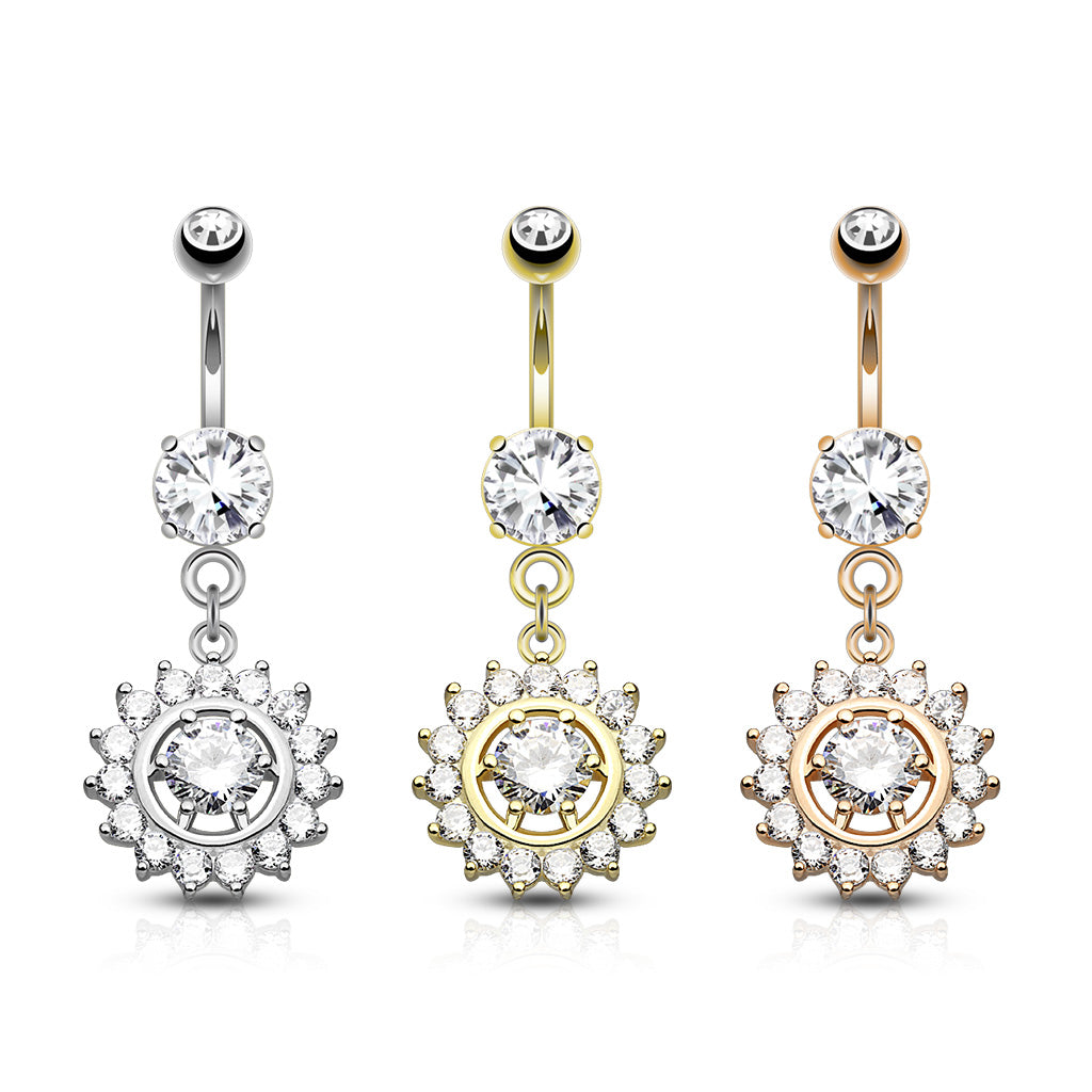 316L Surgical Steel Claw Set CZ Around CZ Center Dangle Belly Button Ring - all colors