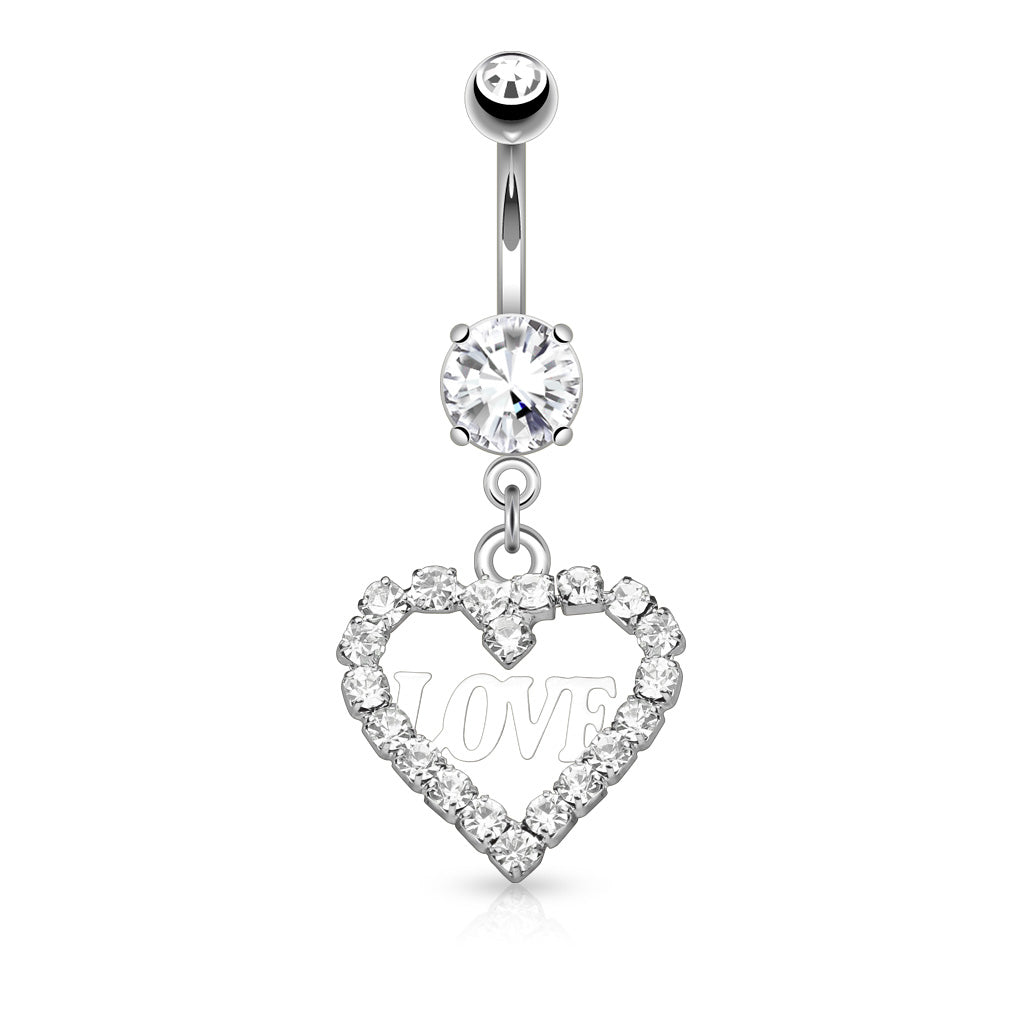 316L Surgical Steel Crystal Paved Hollow Heart With Love Dangle Belly Button Ring - Clear