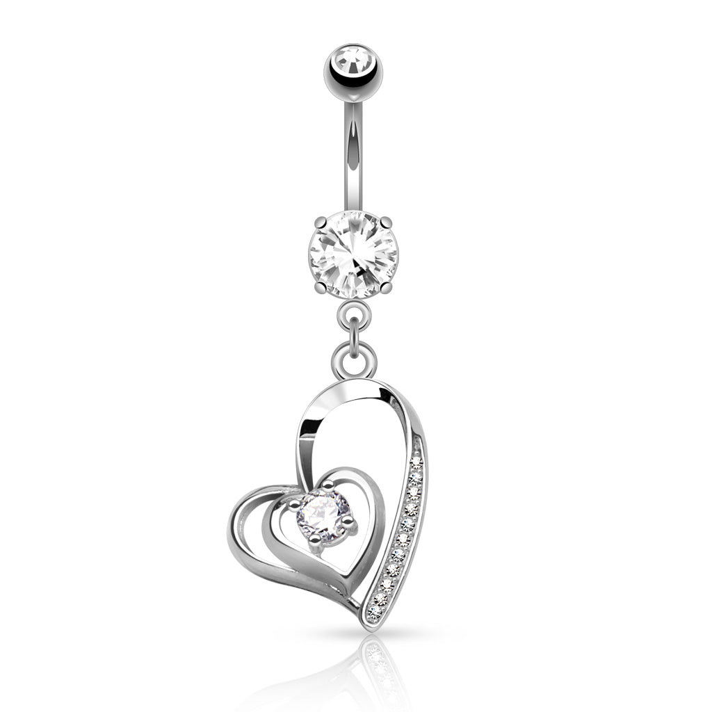316L Surgical Steel CZ Centered Double Heart With Micro Pave CZ Dangle Belly Button Ring - Clear