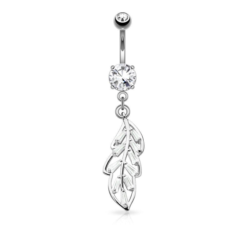 316L Surgical Steel Princess Cut CZ Paved Leaf Dangle Belly Button Ring - Clear