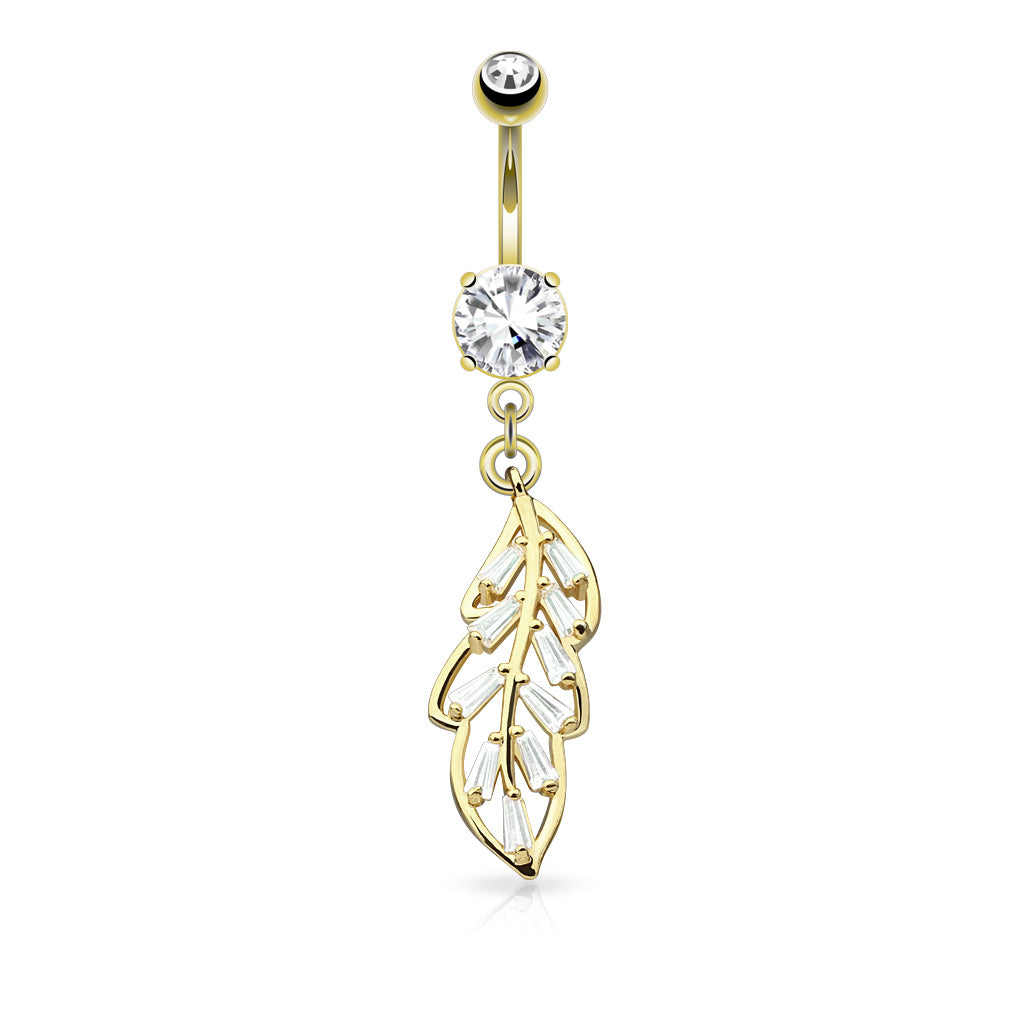 316L Surgical Steel Princess Cut CZ Paved Leaf Dangle Belly Button Ring - Gold/Clear