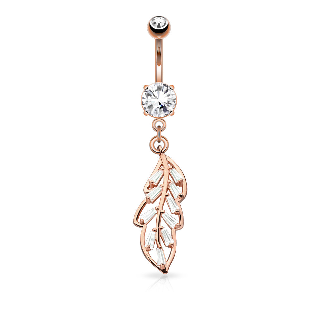 316L Surgical Steel Princess Cut CZ Paved Leaf Dangle Belly Button Ring - Rose Gold/Clear