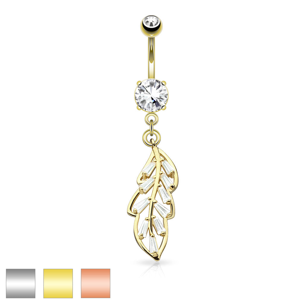 316L Surgical Steel Princess Cut CZ Paved Leaf Dangle Belly Button Ring - all colors