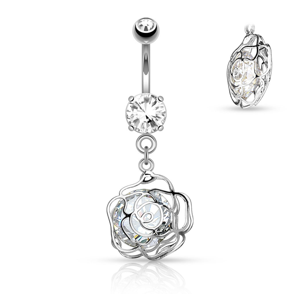 316L Surgical Steel Large CZ Incased Camellia Flower Dangle Belly Button Ring - Clear