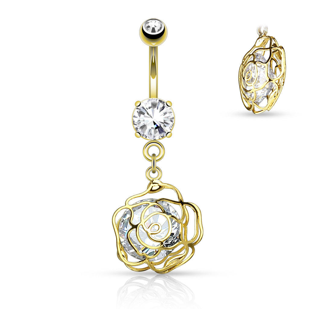 316L Surgical Steel Large CZ Incased Camellia Flower Dangle Belly Button Ring - Gold/Clear